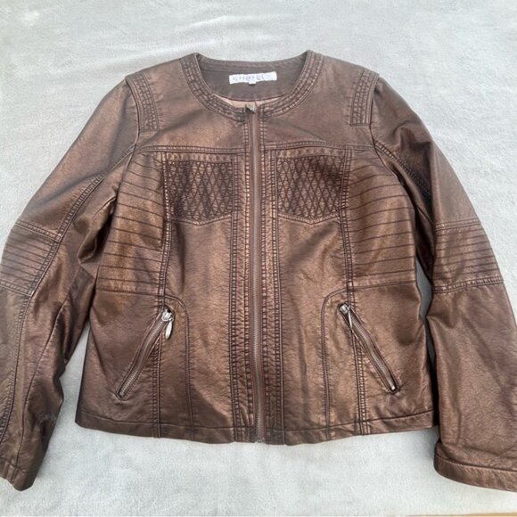 Cleo Metallic Bronze Faux Leather Moto Style Bomber Jacket - Picture 3 of 9